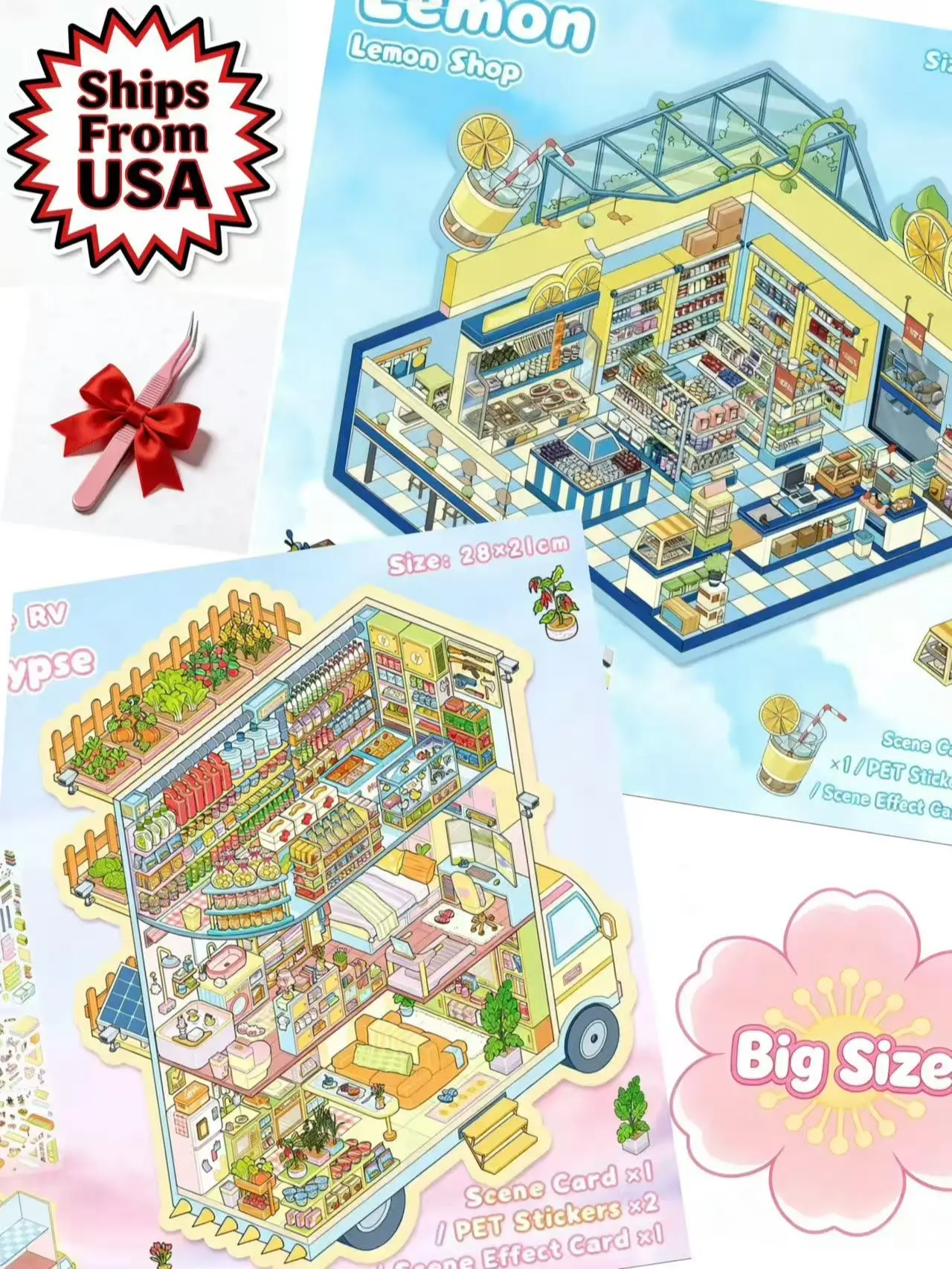 3D miniature world building block stickers, large-sized stickers, including two scenes: a lemon convenience store and a post-apocalyptic RV, allowing you to create your own world.
