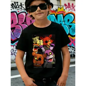 Fnaf Theme Cartoon Print T-Shirt, Casual Daily Wear & Holiday Gift, Short Sleeve Fitted Design, Perfect for Kids