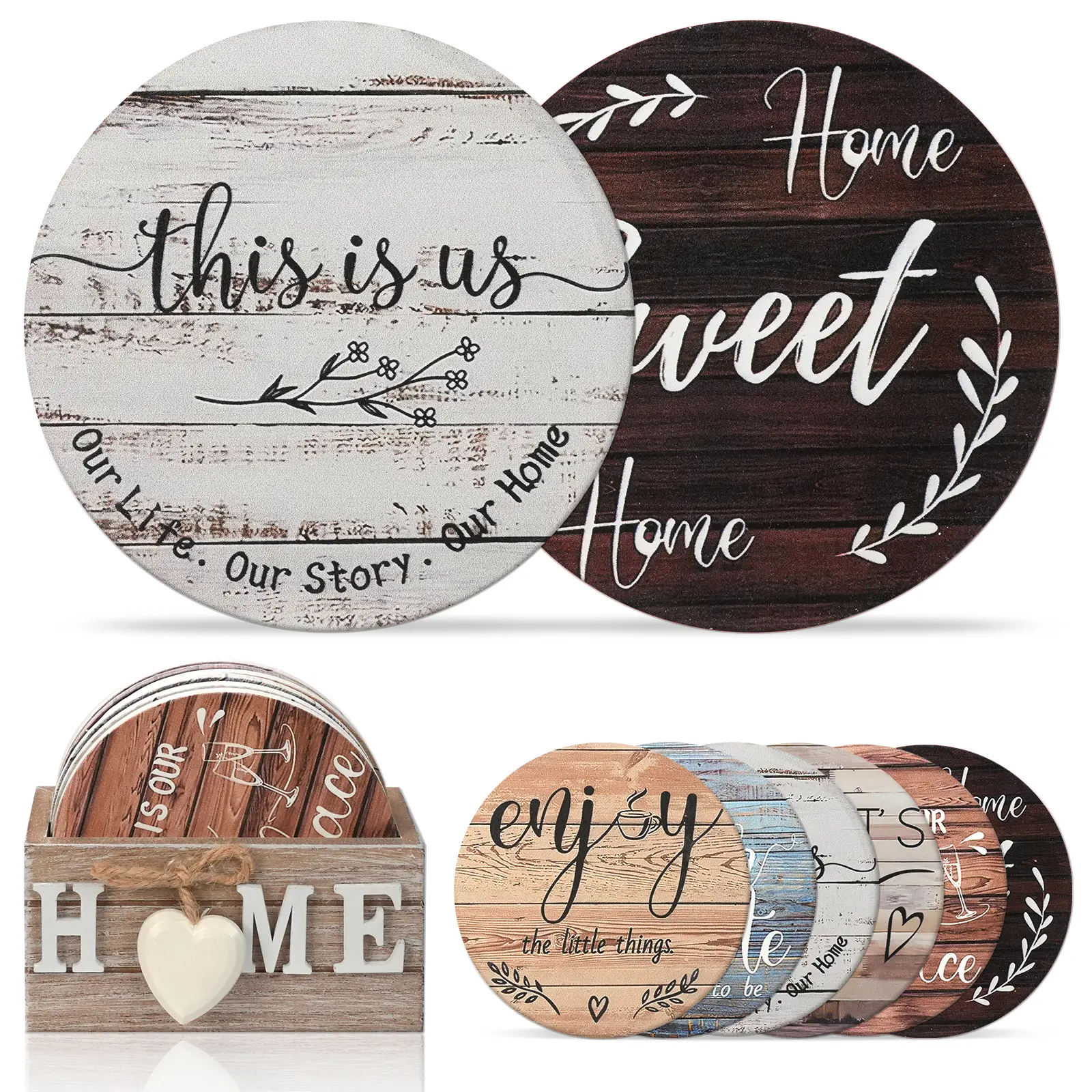 Coasters Set of 6 House Warming Gifts New Home Wooden Farmhouse Drink Coasters with Holder 4'' Funny Decoration for Kitchen Family Coffee Bar Tabletop Protection(Farmhouse Color)