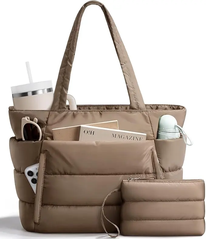 Puffer Tote Bag for Women, Lightweight Puffy Handbag with Compartments, Quilted Shoulder Bag for Work, Travel, Gym