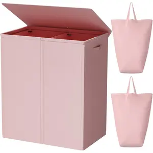 154L Double Laundry Hamper with Lid and Removable Laundry Bags, Large Dirty Clothes Hamper 2 section Collapsible Laundry Basket Dorm Room Storage for Bedroom, Bathroom, College,