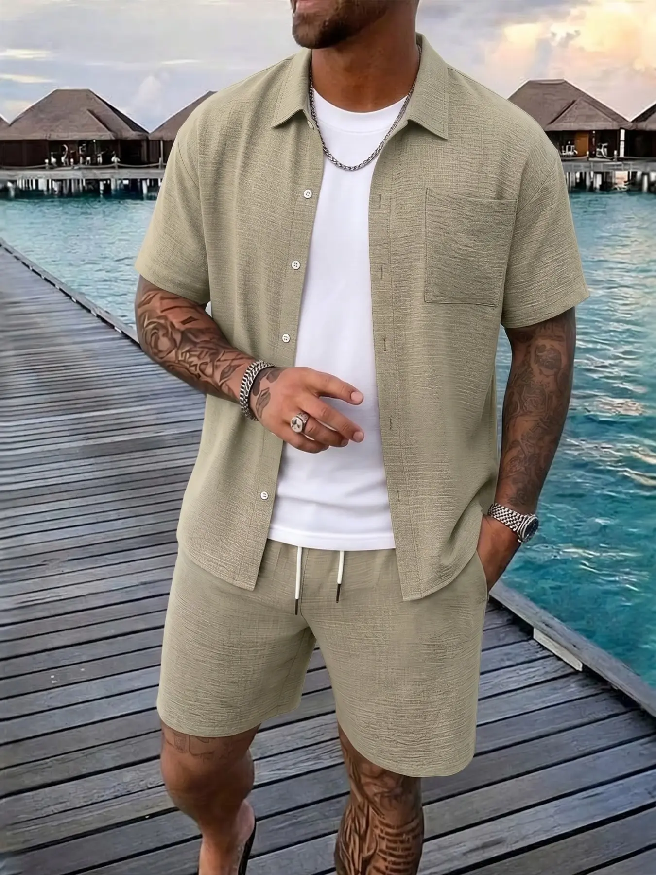 Men's Two-Piece Matching Set, Short Sleeve Shirt & Drawstring Shorts, Casual Outdoor Summer, Tropical Breathable Woven Fabric, Fitted Style