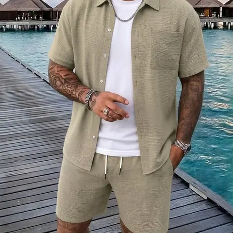 Men's Two-Piece Matching Set, Short Sleeve Shirt & Drawstring Shorts, Casual Outdoor Summer, Tropical Breathable Natural Woven Fabric, Fitted Style