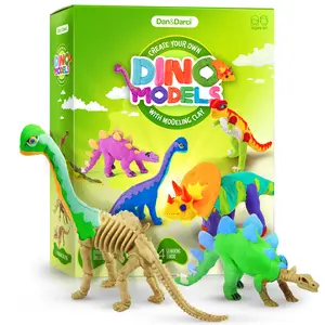 Dan&Darci Create-Your-Own Dino Models Clay Kit 4 Air-Dry Dinosaur Skeletons with Sculpting Tools Learning Cards Durable Drawing Pad Art Markers Pen for Young Artists Ages 6+