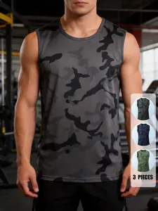 Men's Summer Sport Vest Outdoor Quick-Dry Running Gym Sleeveless T-Shirt Camo Style Casual Top Three-Piece Set