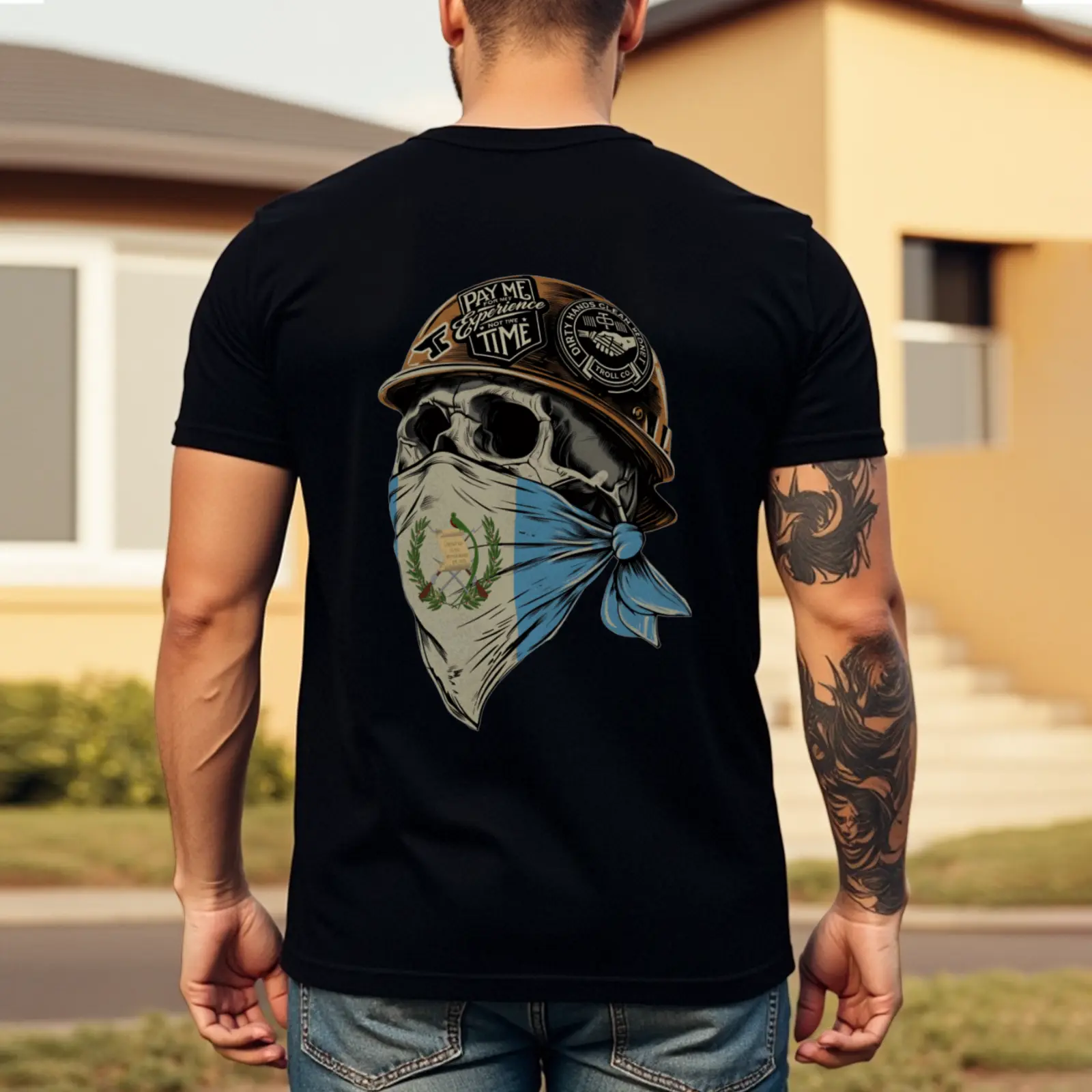Guatemala Skull Flag Face Mask T-shirt, Blue Collar Men's Graphics T-shirt, Workwear Graphics T-shirt, Guatemala Dad Gifts, Working T-shirt For Men, Men's Gifts, Casual Menswear Father's Day gift