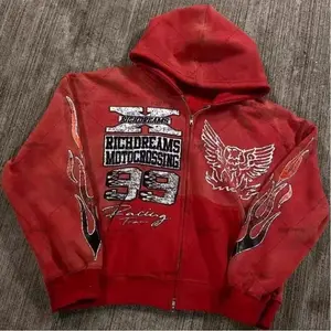 2025 Street Hip-Hop Printed Hooded Sweatshirt - Unisex Black & Red Zipper Jacket - Harajuku Casual Sweater, Urban Streetwear comfortable long sleeve season wear mud wash denim designer clothing az fashion skull hoodie men summerwe