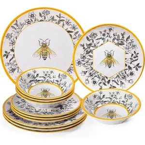 Honeycomb Bee Sweet Melamine Dinnerware Set - 12- Dinner Plates & Side Plates & -Purpose Bowls in Lightweight and Unbreakable Design - Ceramic