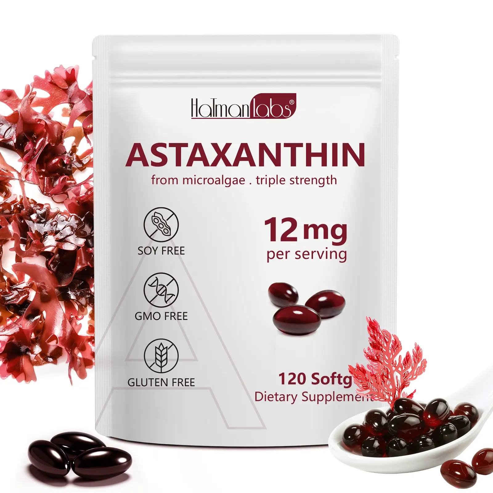 Hatmanlabs Astaxanthin Vitamin Supplement Capsules - 12mg Per Serving, 120 Softgels, Natural Premium Microalgae Antioxidant, GMO-Free, Dairy-Free, Supports Eye & Joint Health, Self Care Products