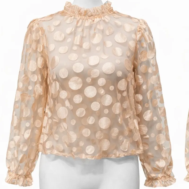 Sheer Polka Dot Mesh Blouse with Ruffle Neck (Peach/Nude)