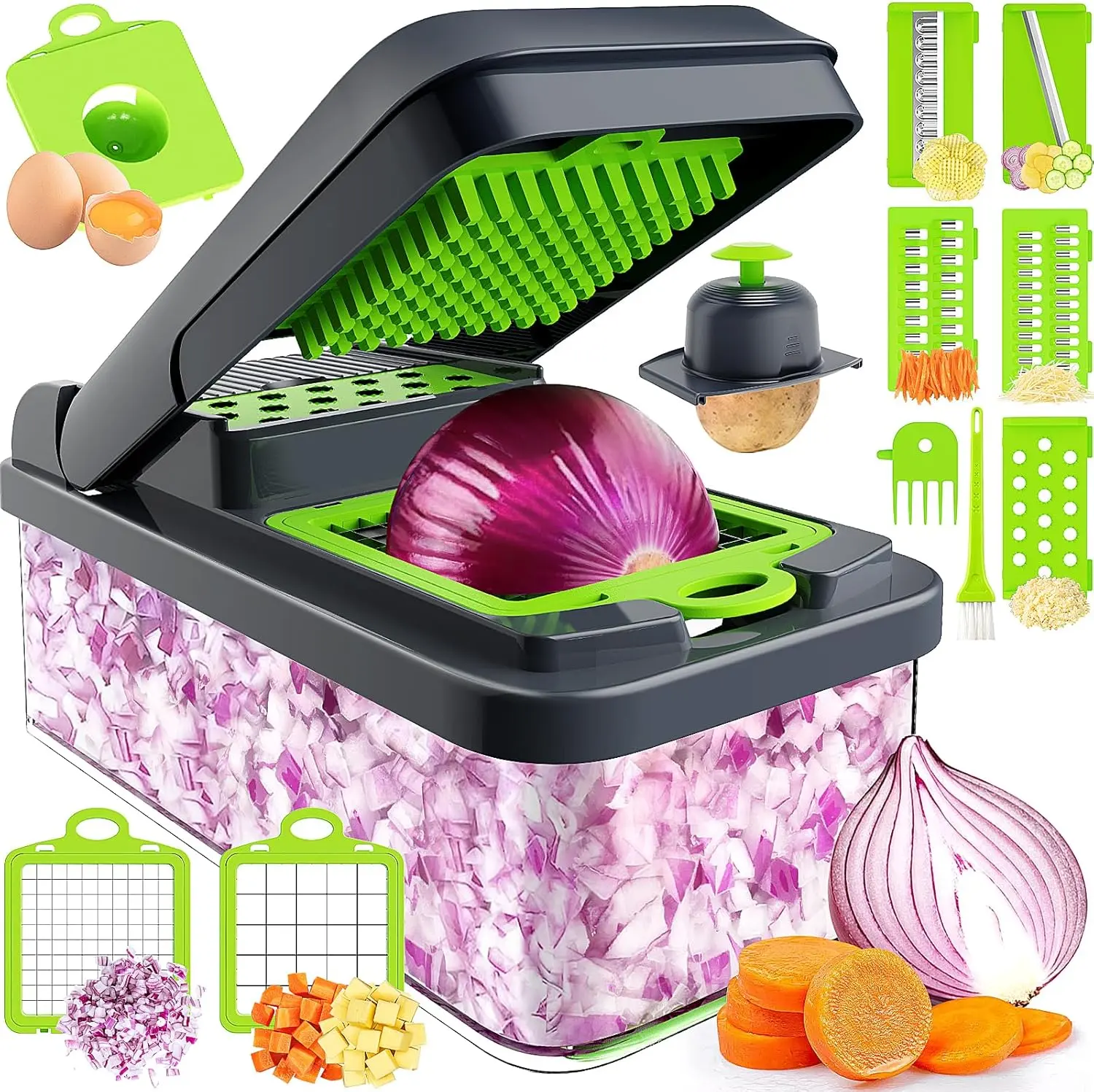 12-in-1 Multifunctional Stainless Steel Kitchenware Set - Compact Kitchen Utensils, 7 Blade Cutter, Fruit Vegetable Slicer Dicer, Manual Cheese Shredder, Portable Container (8.89"l x 4.31"w x 2.68"h, Green/Grey)