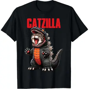 Cute Kitty Catzilla T-Shirt for Cat Moms &   Dads Graphic tees Retro Double-Sided Water Wash Vintage Metalcore Y2K Streetwear Tee graphic tee men's t shirts funny graphic tee