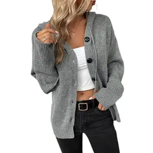 Women's Autumn Winter New Knit Cardigan - Single Breasted Solid Color Hooded Drawstring Sweater