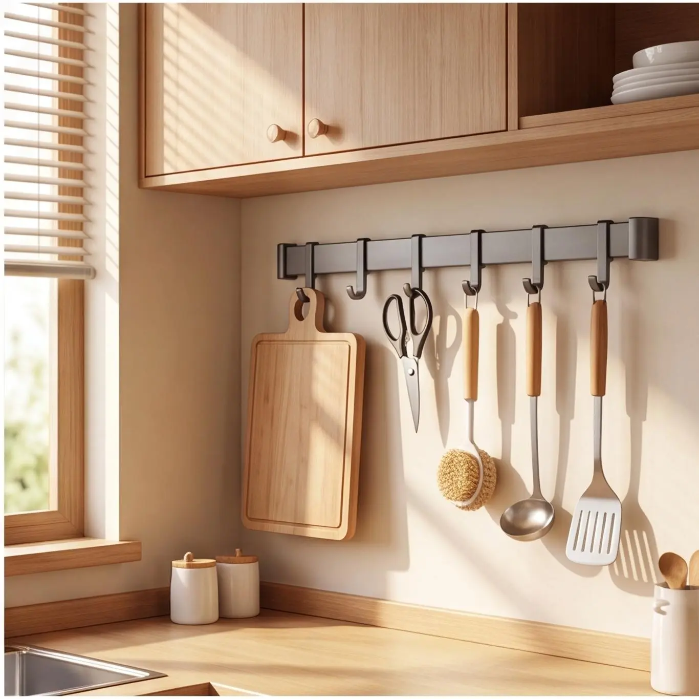 No Drill Wall Mount Hook Rack, Space Aluminum Sliding Multi-Hook Towel Rail, Heavy-Duty Damage-Free Adhesive Utensil Hook Bar, Multi-Purpose Organizer For Kitchen Spatulas, Pots, Pans & Bathroom Towels