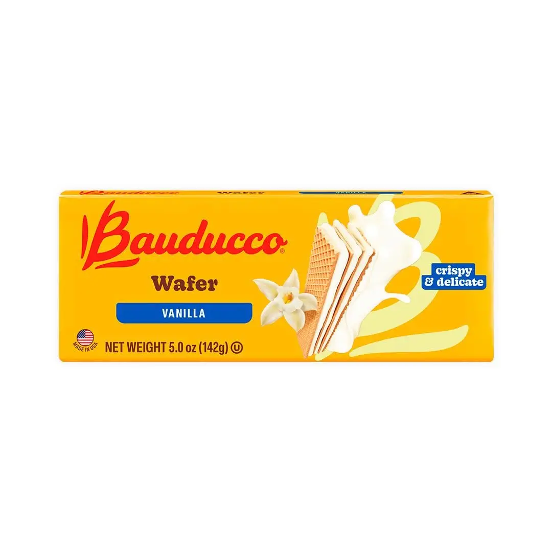 Bauducco Vanilla Wafer Biscuits - 5oz Crispy 3-Layer Cookie with Vanilla-Flavored Cream, Wheat Flour, Corn Oil, Cane Sugar, Cornstarch, Cocoa Powder, Moist Fresh Sweet Snack (Pack of 1), Allergy Information Included, Suitable for All Ages