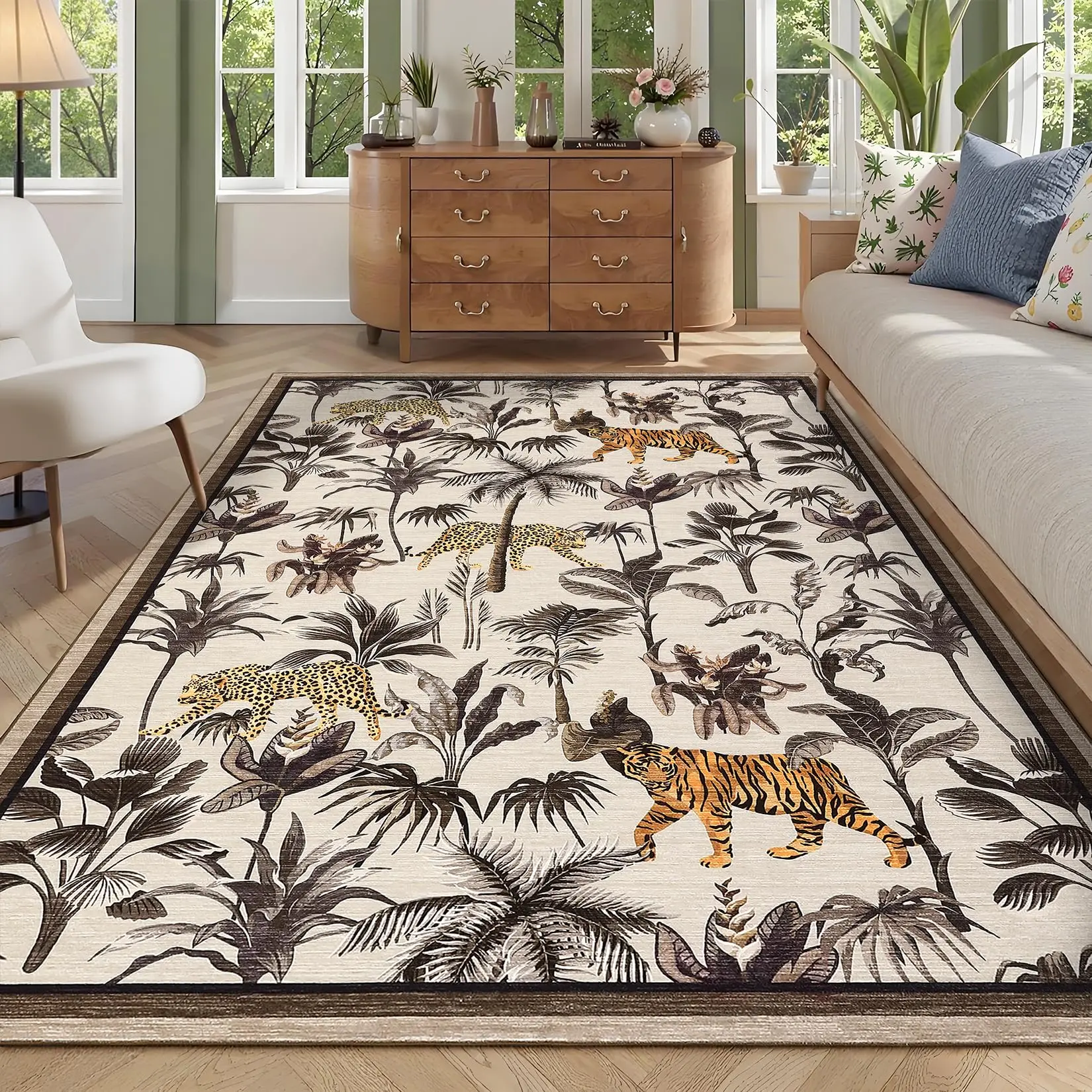 GARVEE Area Rug 9'x12' Washable Rug for Living Room Tiger Rugs Tropical Jungle Plant Rugs Non Slip Non Shedding Indoor Floor Cover Low Pile Stain Resistant Carpet for Bedroom Home Decor, Taupe