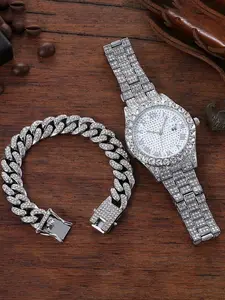 Luxury Men's Hip Hop Watch - Cuban Link Bracelet with Bling Crystal Accents, Street Style Alloy Quartz Watch Set (Non-Waterproof, Date Display)