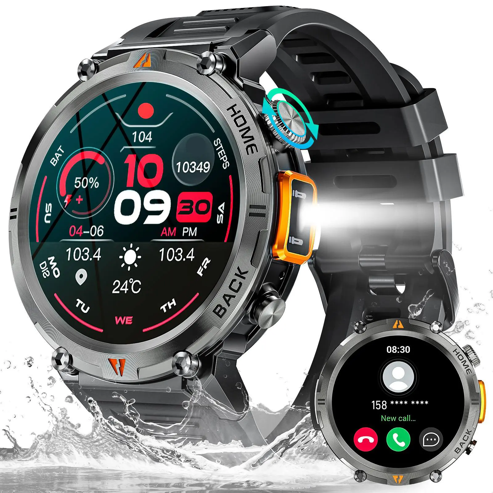 EIGIIS KE3 Men's Metal Smart Watch - 1.45'' HD IPS TFT Display, LED Flashlight, Call Answer/Make, 110+ Multi-Sports Modes, Magnetic Charging, Music Player, Voice Control, Android Compatible Electronic Gadget Wearable Tech Christmas Gift, Electronic Gadget