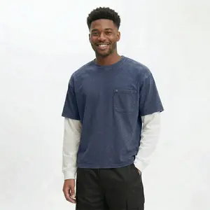 Double Layer Cropped Boxy T-shirt by High Level HL | Navy | Stonewashed Contrast Sleeves Pocket Heavyweight Drop Shoulder