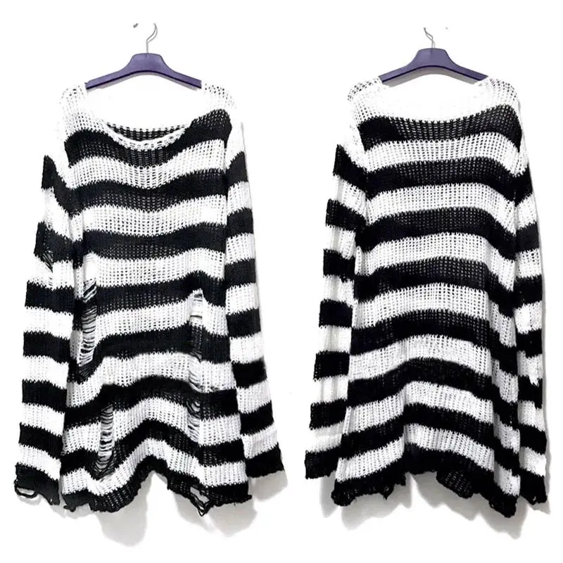 Unisex Punk Gothic Longsleeves Striped Sweater - Cool Hollow-Out Loose Rock Thin Dark Streetwear Top for Women, Party Supplies Clothing