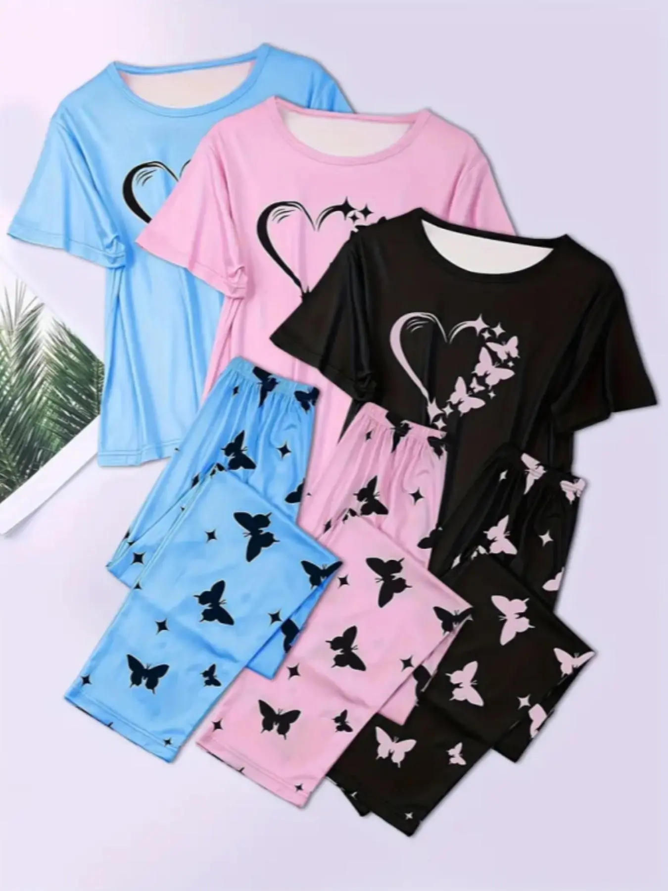 Women's Butterfly & Heart Print Tee & Elastic Waist Pants Pyjama Set, Casual Comfy Round Neck Short Sleeve T-shirt & Trousers PJ Set, Ladies Sleepwear for All Seasons, Pajama Set, Loungewear Sets, Fitted Casual Pajamas