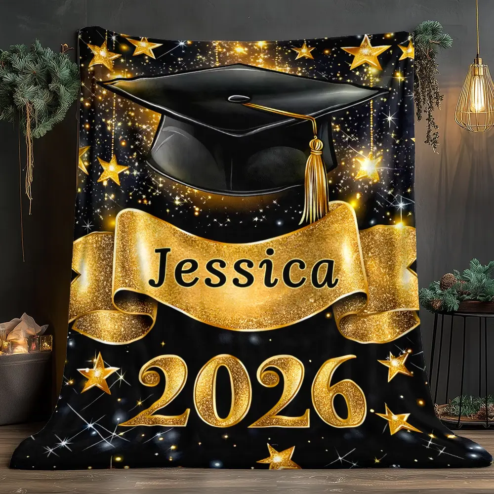 Graduation Hat Celebrating Graduation of Class 2026 Custom name Print Portable Blanket- Lightweight Throw for Sofa, Travel, Camping, Bed, Livingroom, Office, and Bed - Digital Printing Blanket with Soft and Warm Fabric