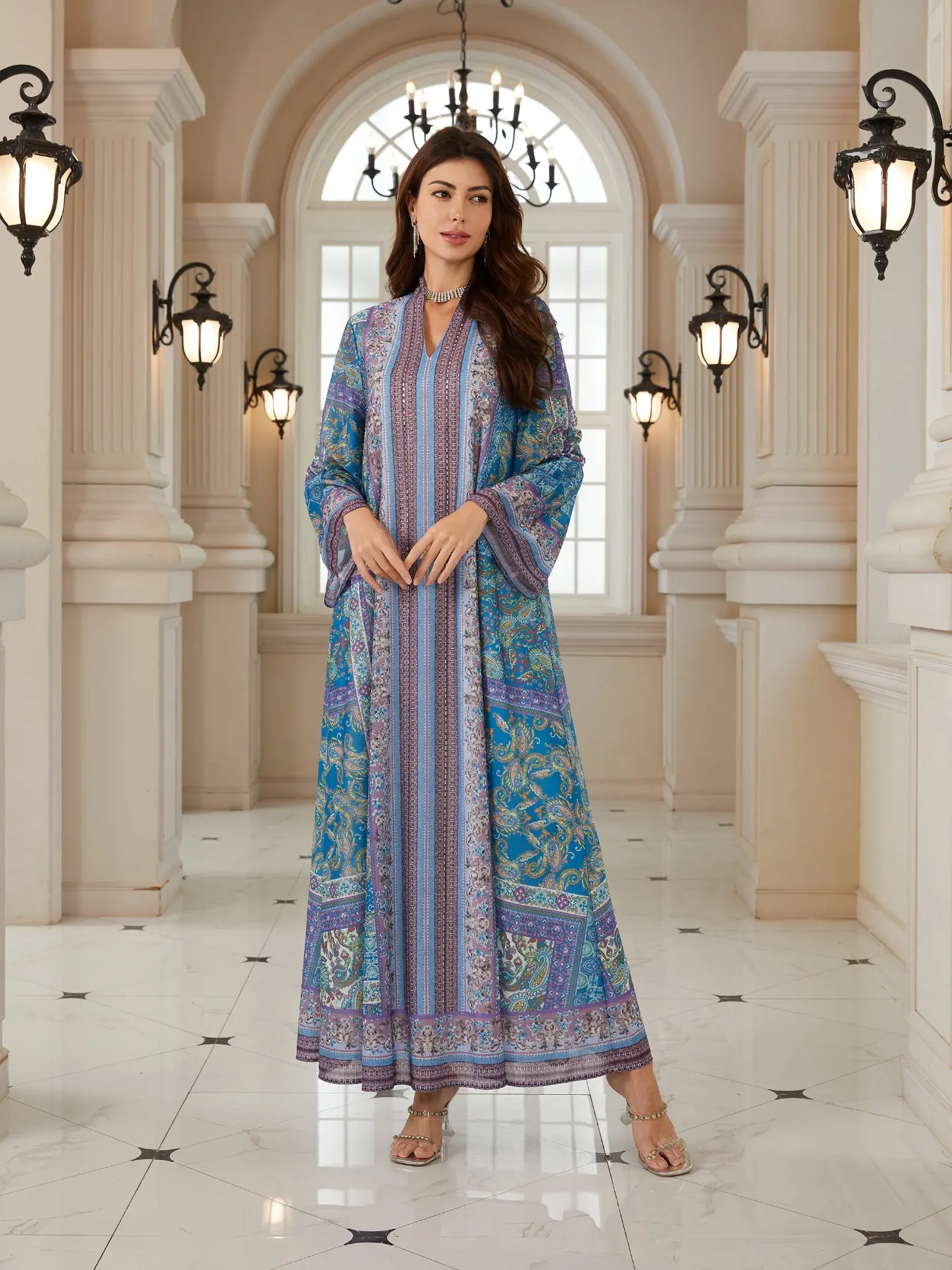 Bohemian Print Beaded Kaftan Dress, Ethnic Print Kaftan, Boho Kaftan, Long Evening Gown Abaya Style Jalabiya, Muslim Kaftan Dress, New Middle Eastern Women Fashion, Elegant Party Wear, Caftan