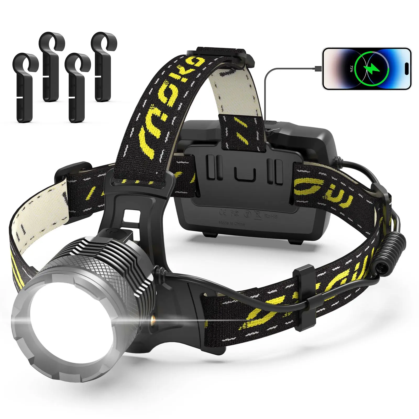 MoKo High Lumens Flashlight-Headlamp with Headband, 150000 Lumen, 50W Bulb, USB Rechargeable, 60H Long Battery Life, Detachable, 8 Modes, IP68 Waterproof, 90° Adjustable Motion Sensor, Adjustable Fit, Outdoor Gear for Running,Hunting, Lights, Outdoor Gadg