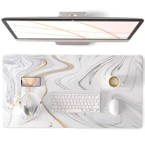 White Mouse Pad, Cute Marble Large Desk Mat, PU Leather Desk Protector Mousepad, Gold Grey Striped Waterproof Computer Keyboard Gaming Mouse Pads, Non Slip Extended Writing Pad 31.5" x 15.7"