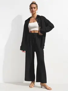 Women's Versatile Solid Color Long Sleeve Button-Up Blouse & Wide Leg Trousers Co-ord
