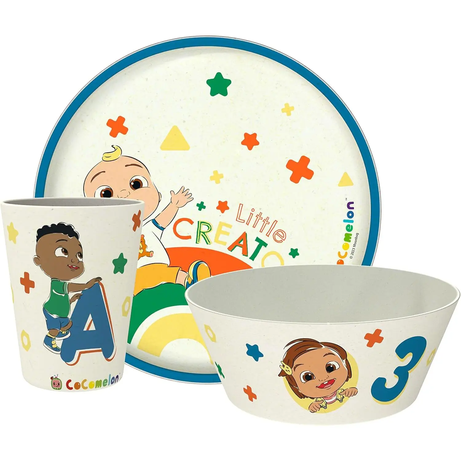 CoComelon  Dinnerware Set 3 count, Durable and Sustainable Melamine  Plate, Bowl, and Tumbler are  For Dinner Time With Family (JJ, Cody, Nina)