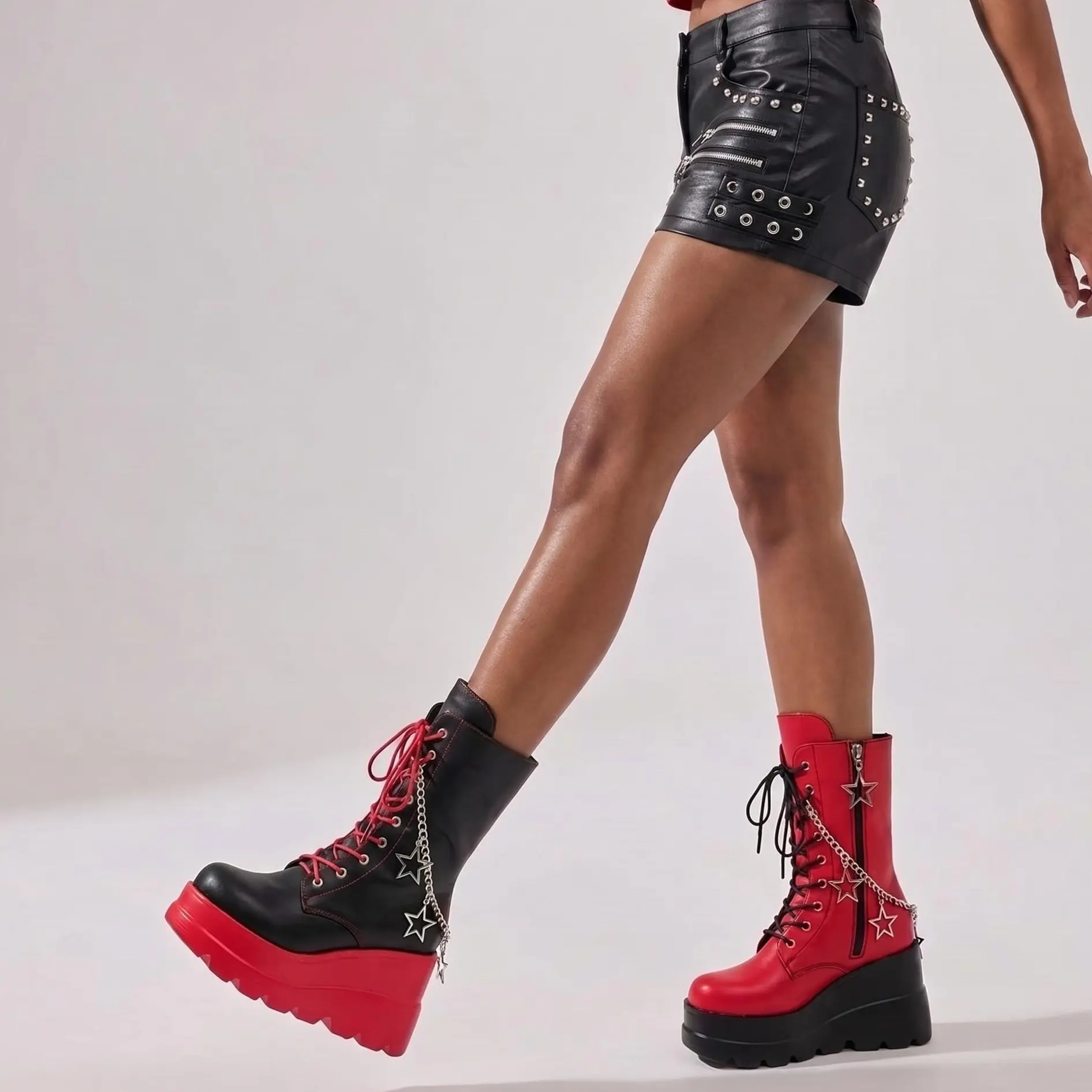 Goth Boots For Women Combat Chunky Wedge High Heel Side Zipper Lace Up Star Chain Rave Punk Motorcycle Concert Street Style Casual Outdoor Rinding Comfortable Fashion Platform Booties