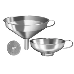 Stainless Steel Funnel 2 Pack Kitchen Funnels with Removable Strainer, Wide Mouth Canning Small Mouth Liquid Funnel Utensils