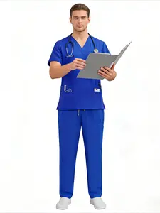 New Arrival Solid Color Casual M-edical Scrubs Set Straight Leg Pants for Doctor Nurse Operating Room Clinical D-ental Vet Hospital Breathable Soft Fabric Long Time Wear Work Uniforms Workwear Clothes Menswear