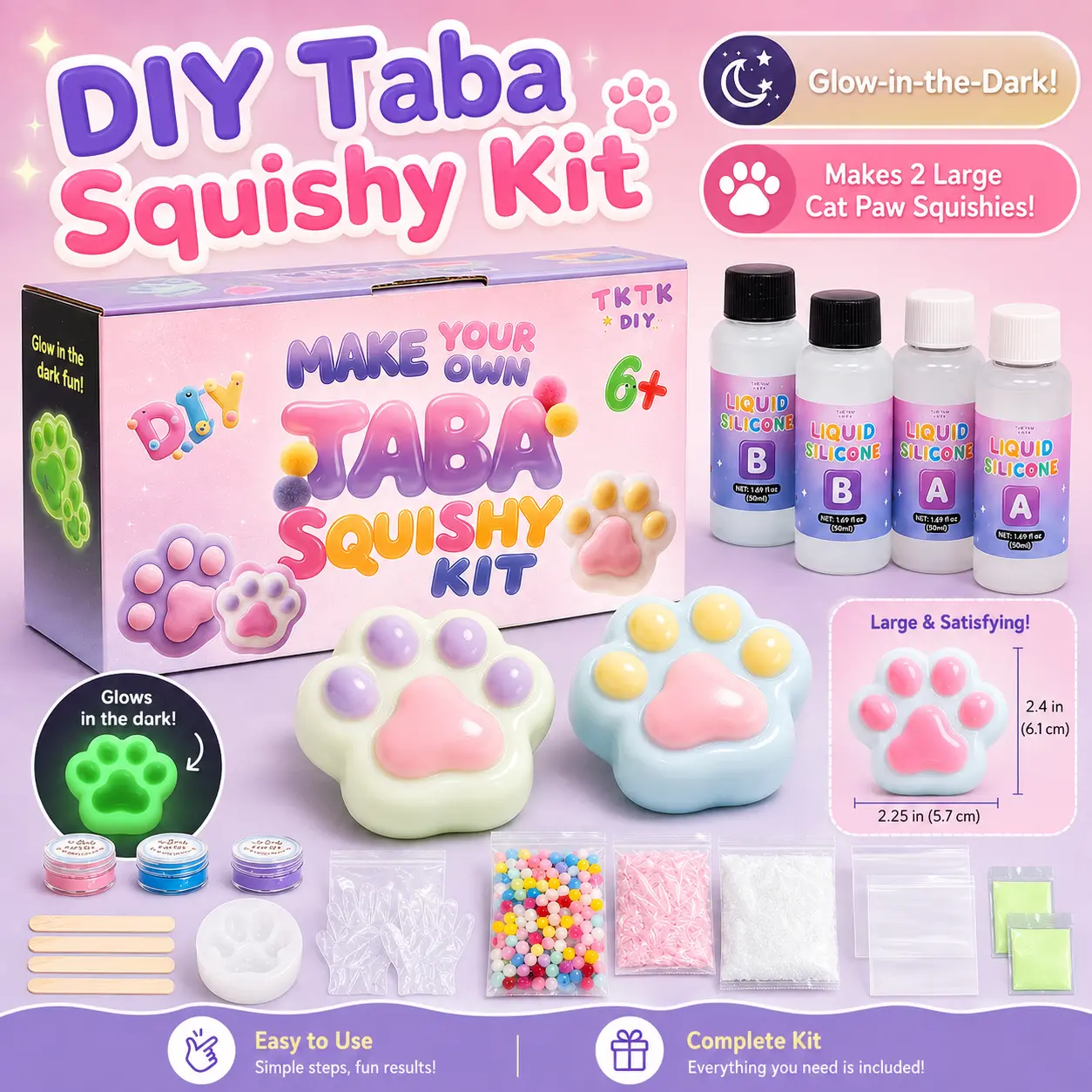 DIY Glow-in-the-Dark Big Cat Paw Taba Squishy Kit - Rubber Tree Creative Slime Making Craft Set, Stress Relief Fidget Toy, Creativity Boosting Fun Gifts for Girls Kids Birthday