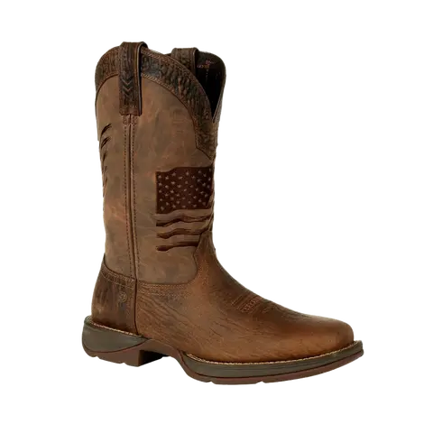 Durango Men's Rebel Brown Distressed Flag Square Toe Cowboy Leather Boot - 12" Shaft, Mid-Calf, Double-Row Stitch, Flexible, Lightweight, Rubber-Soled Men's Footwear DDB0314
