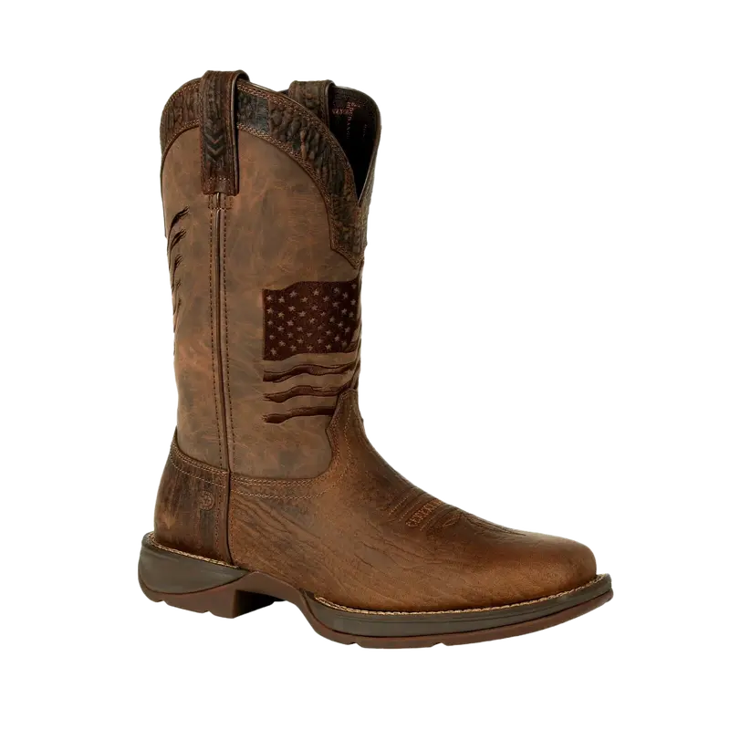 Durango Men's Rebel Brown Distressed Flag Square Toe Cowboy Leather Boot - 12" Shaft, Mid-Calf, Double-Row Stitch, Flexible, Lightweight, Rubber-Soled Men's Footwear DDB0314