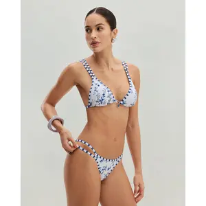 rihoas White Floral 2-Piece Drawstring Triangle Swimwear Set, Plunging Top, Floral Bottom, Polyester for Sports & Outdoor Use, Floral Bikini Bottom