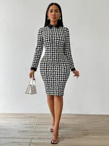 Houndstooth Bodycon Dress - Elegant Work Outfit, Spring Office Wear