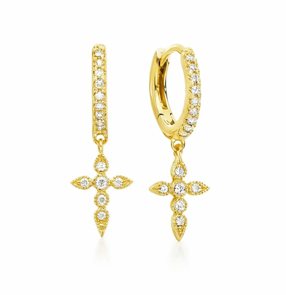 CZ Diamond Cross Hoop Earrings in Gold
