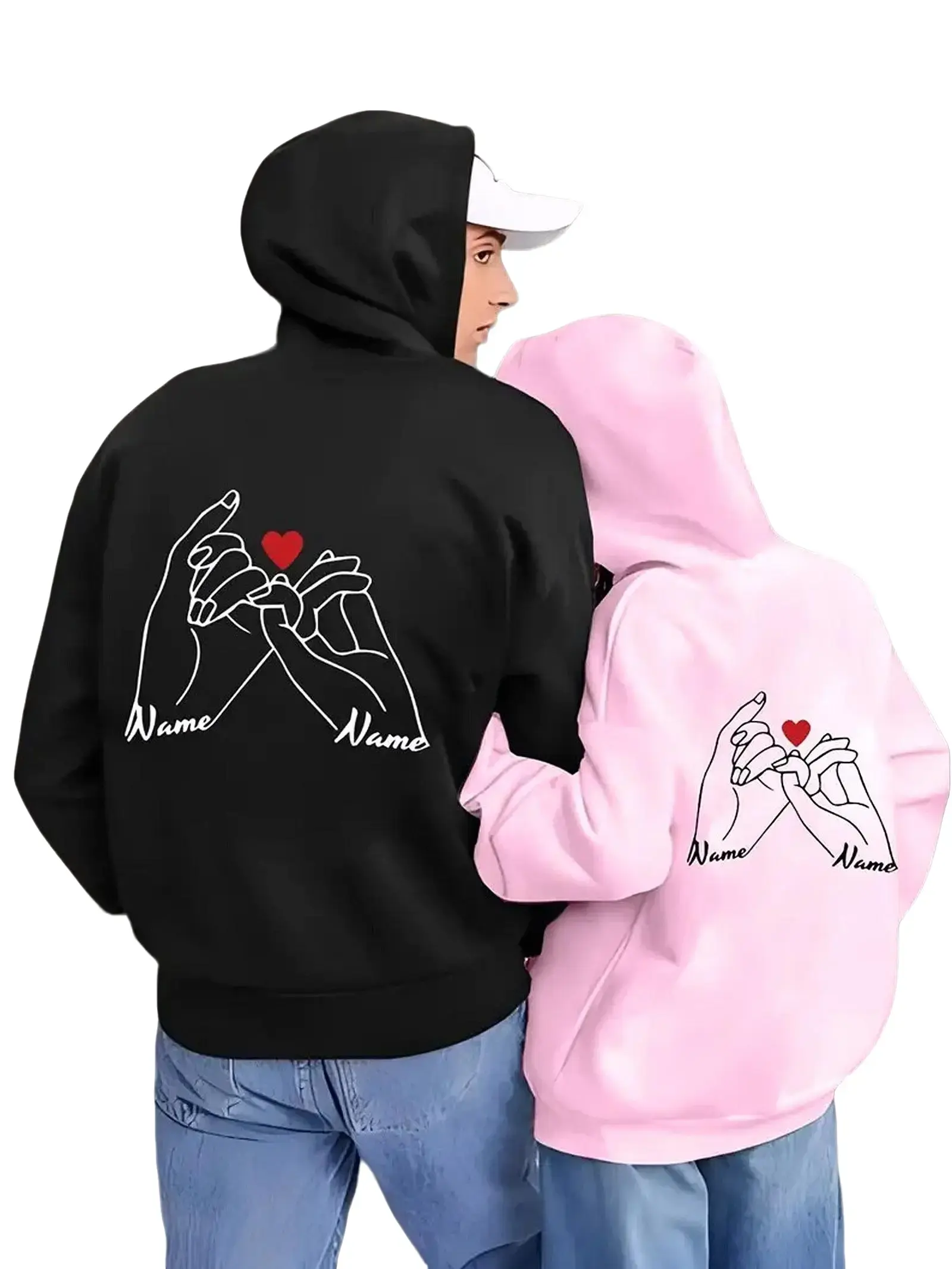 Unisex Matching Couple Heart Hoodie - Custom Names, Cotton Blend Clothes, Longsleeves, Ribbed Seamless Fitted Yarn, Pocketed Pullover, Casual Anniversary Gift for Men & Women