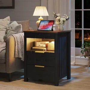 FREDEES Nightstand with Gun Drawer - Bedside Table with Charging Station and 2 Drawers, Smart Side Table with 3-Color Human Sensor LED Lights for Bedroom