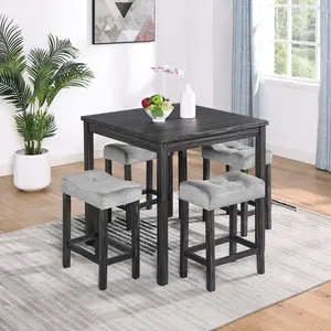 [Fahuac] 5-Piece Industrial Bar Table Set, 36" Square Dining Table with 4 Stools, Space-Saving Breakfast Pub Set for Living Room Game Room
