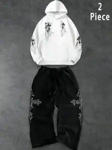 Y2K Grunge Style Set, Graphic Print Hoodie & Wide-Leg Pants, Casual Fitted for Music Festivals & Urban Streetwear