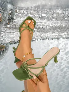 Elegant European Style Thin Strap Knot Heel Sandals for Women, Summer Minimalist Open-Toe High Heel Mules, Plus Size Slimming Outdoor Shoes