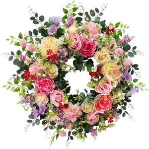 44.96cm Multicolor Artificial Spring Peony Rose Flower Wreath, Plastic Home Office Decor, Ideal for Mother's Day and Easter