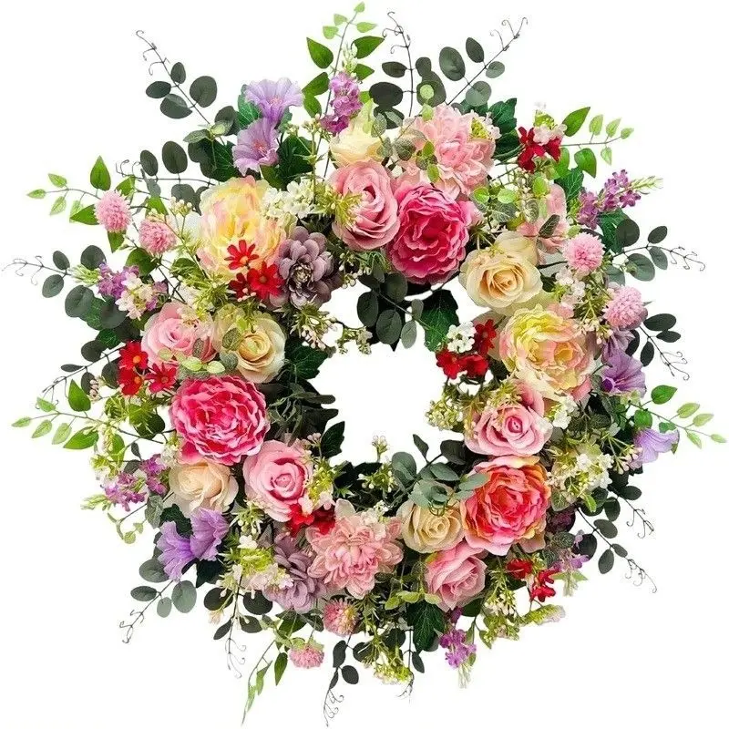 44.96cm Multicolor Artificial Spring Peony Rose Flower Wreath, Plastic Home Office Decor, Ideal for Mother's Day and Easter