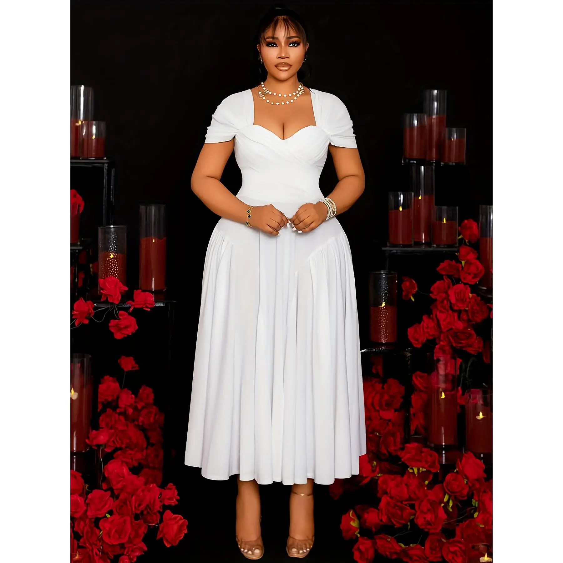 QYGOOD Women's Plus Size Elegant Square Neck A-Line Dress - Short/Puff Sleeves, Flared Hem, Formal-Casual Lady Clothing, Machine Washable Non-See-Through Polyester Fabric, Ideal for Party/Wedding, 3XL, Short Sleeve