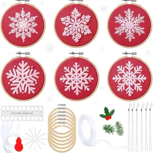 6 Sets Winter Christmas Embroidery Kit for Beginners Snowflakes Cross DIY Needlepoint Kit with Patterns Instructions Embroidery Hoops Threads Needles Needle Threader Ropes Ribbon(Red)