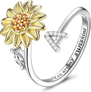 "You Are My Sunshine" Sunflower Spinner Ring Personalized 26 letter Initial Jewelry Gift